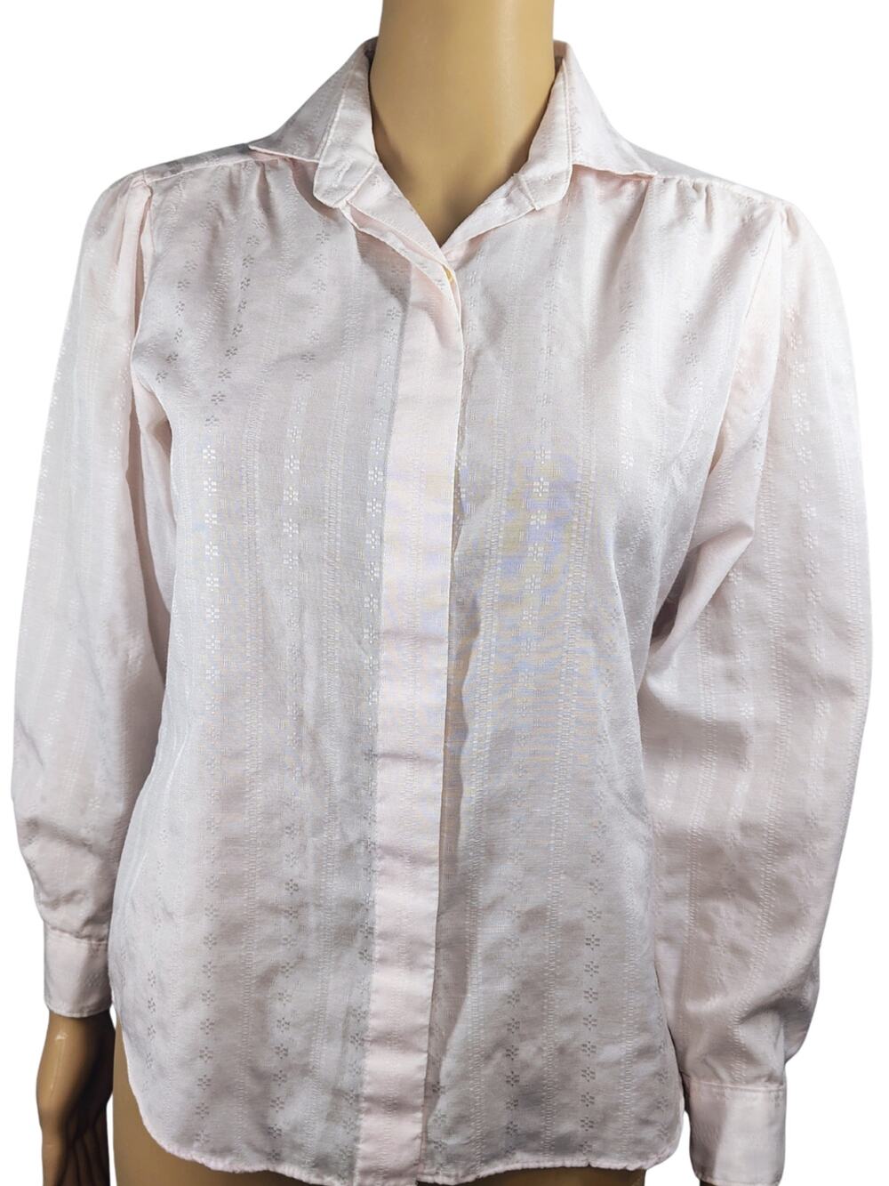 1980s Blush Pink Jacquard Fabric Button Up Long Sleeve Shirt Size Small Petite